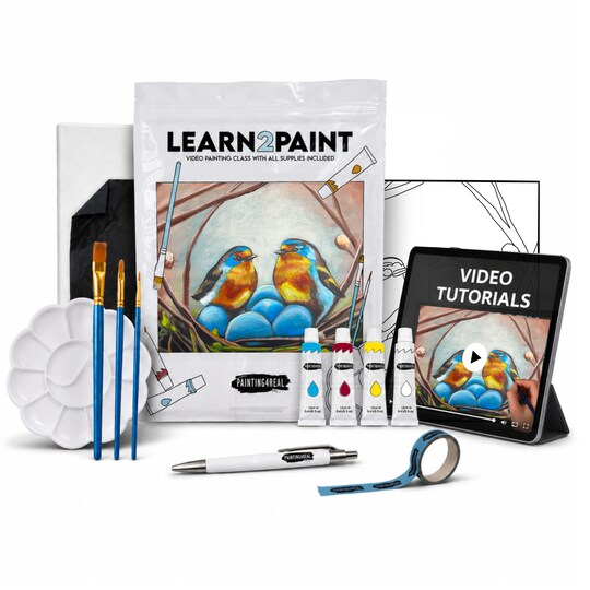 Painting4Real; Nesting Birds Paint by Video Class Kit for Adults with Video Tutorials, Learn to Paint Nesting Birds, How to Paint with Acrylic Paint Sets for Adult, 9 Peices Art Set & Painting Supplies Gifts for Mom; Category:Canvas Painting Kits; Image:1